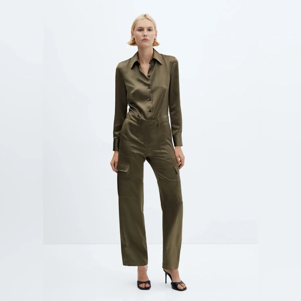 Mango khaki satin jumpsuit NWT